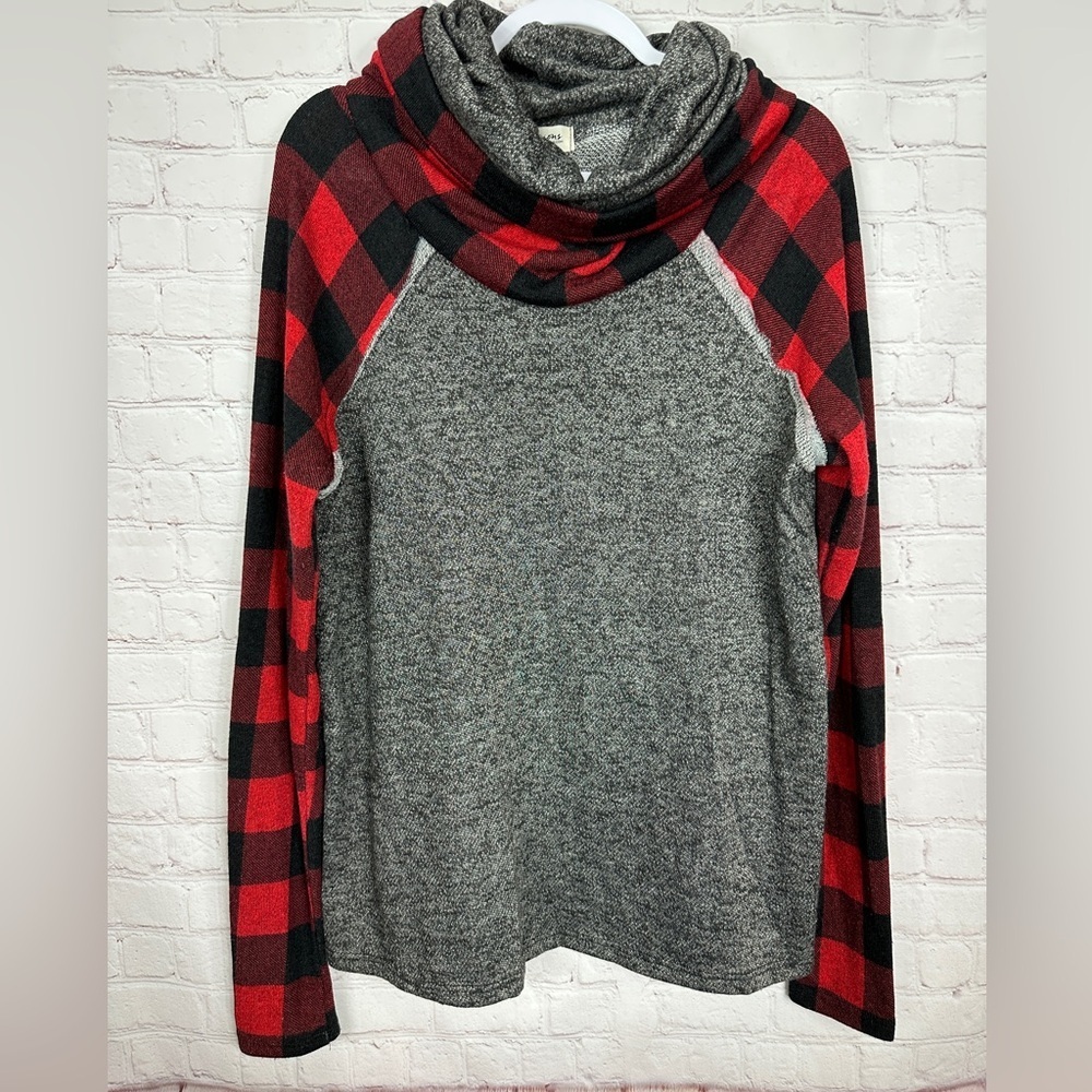 Impressions Women's Cowl‎ Neck Long Sleeve tunic top red plaid sz L, GUC